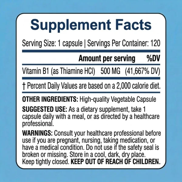 vitamin b1 capsules 500mg thiamine hcl usp grade supplement facts