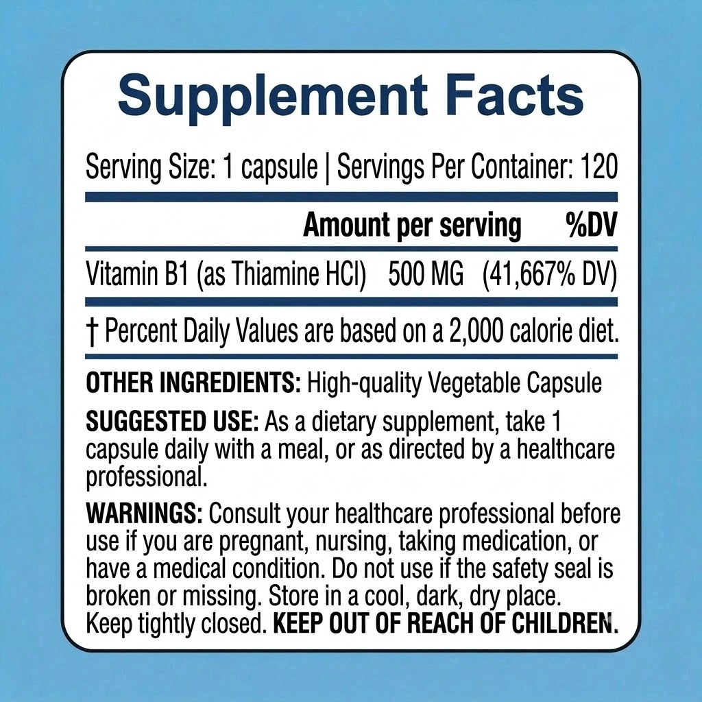 vitamin b1 capsules 500mg thiamine hcl usp grade supplement facts