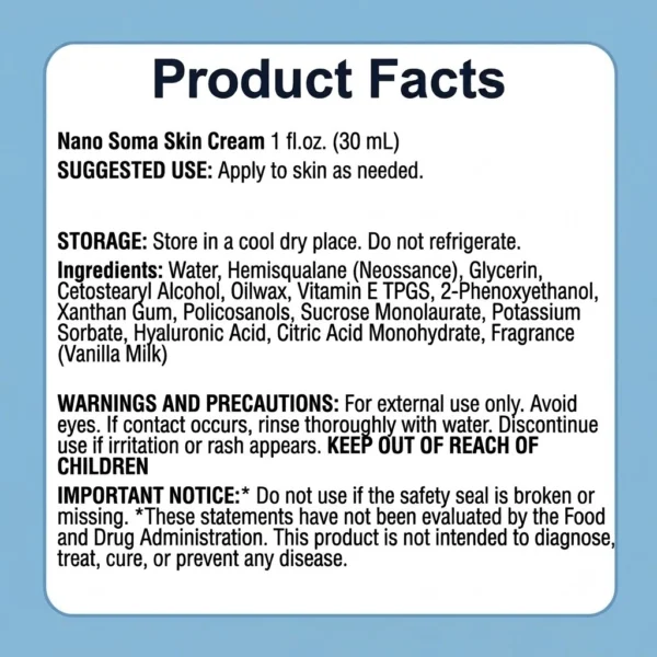 nano soma skin cream product facts