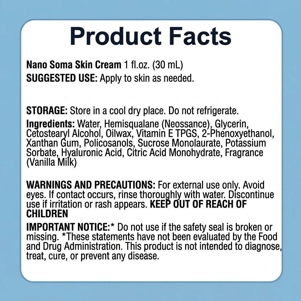 nano soma skin cream product facts