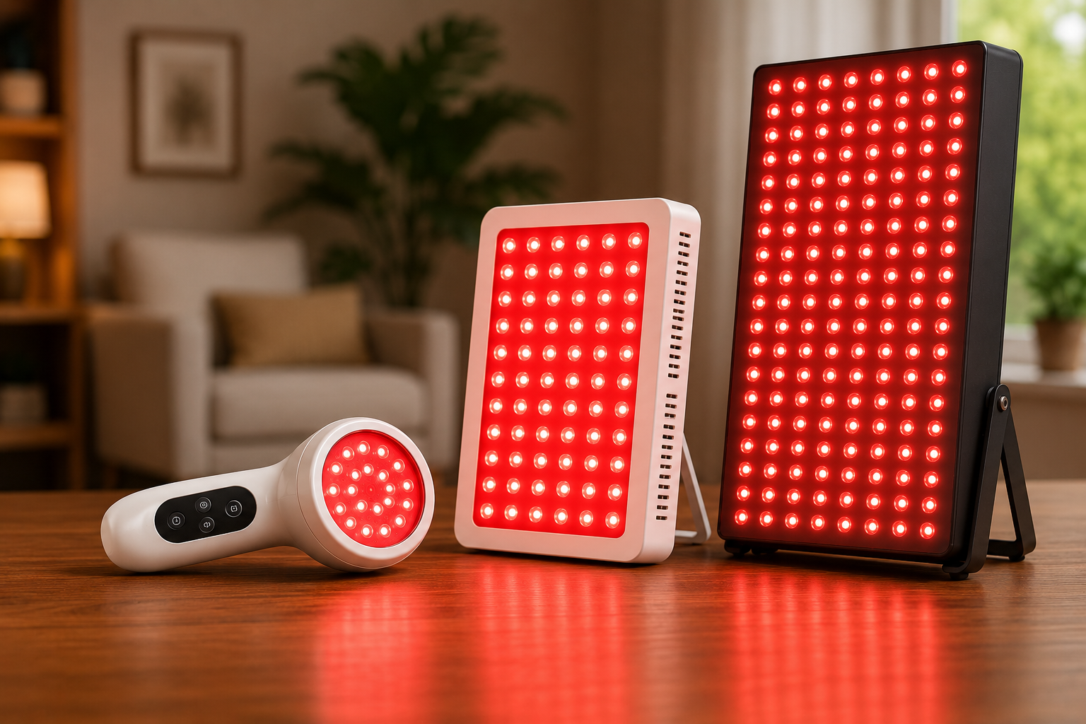 Red light therapy devices for home use displayed on a table indoors