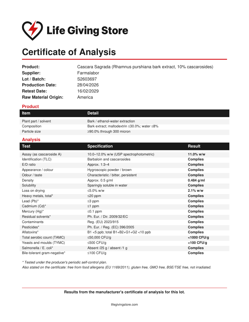 Certificate of Analysis for Farmalabor Cascara Sagrada extract, lot S2603697