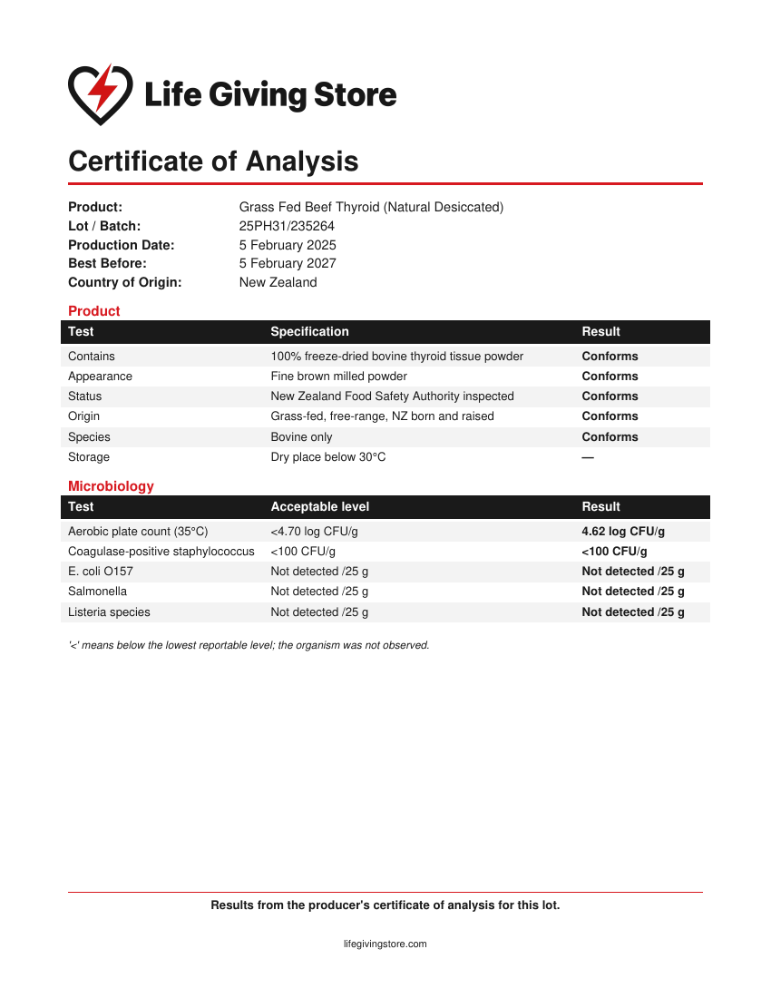 Certificate of Analysis for Grass Fed Beef Thyroid, lot 25PH31/235264