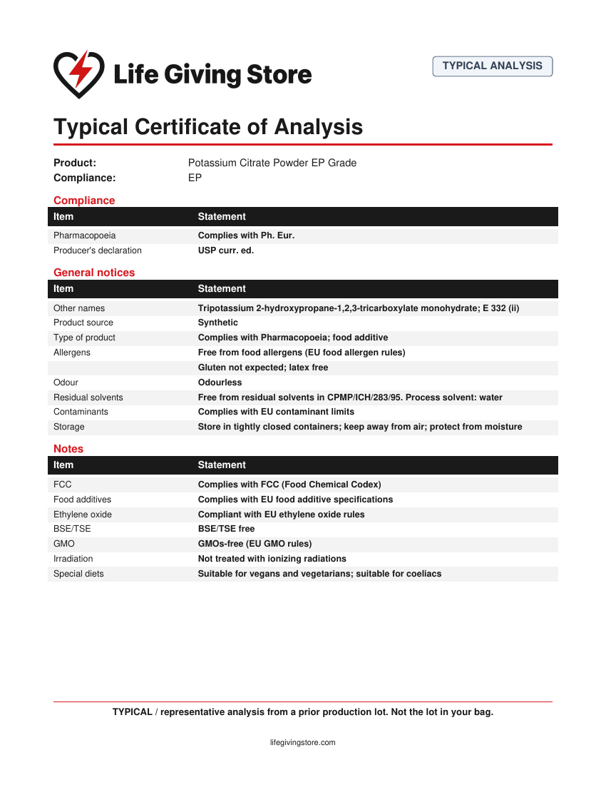 Typical Certificate of Analysis for Potassium Citrate Powder EP Grade