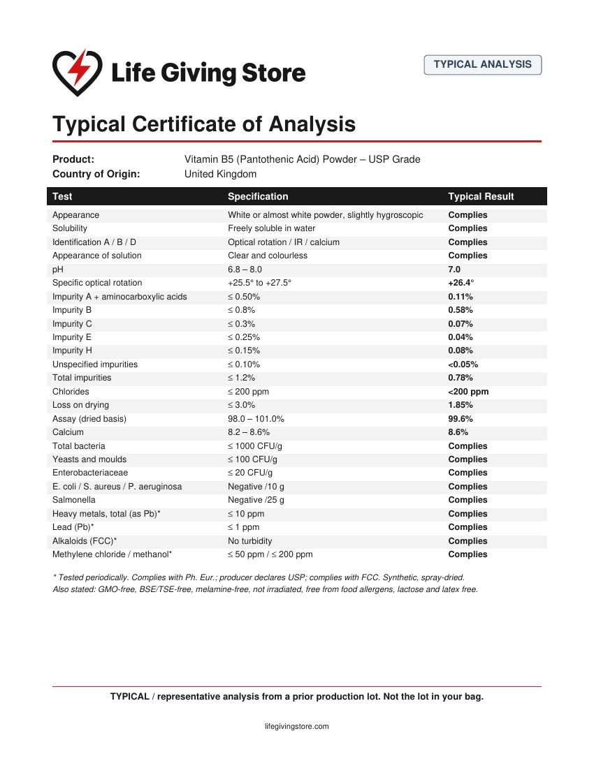 Typical Certificate of Analysis for Vitamin B5 (Pantothenic Acid) Powder – USP Grade