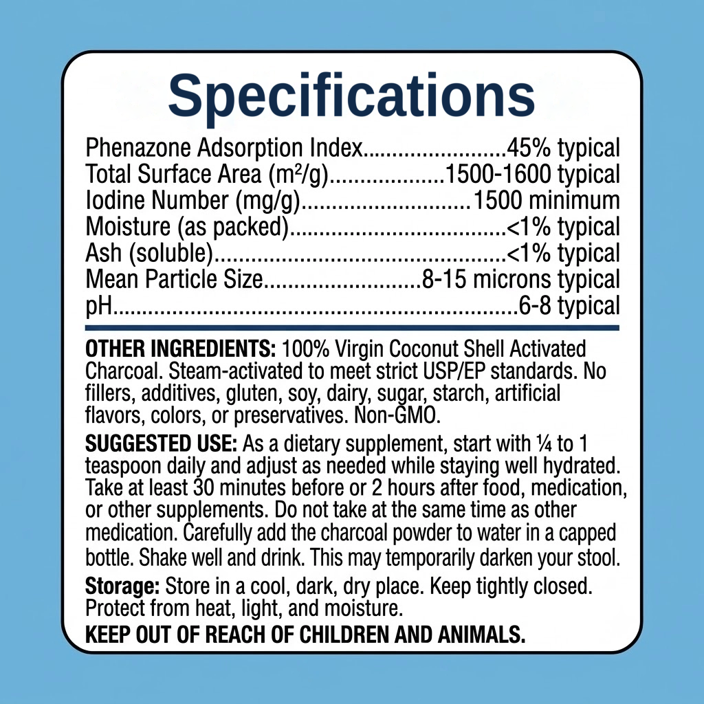Activated Charcoal Powder, Coconut Shell, USP Grade – supplement facts